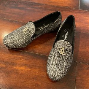 Chanel black/silver tweed CC loafers, AUTH